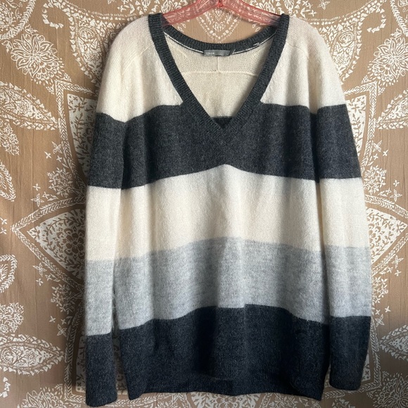 Vince Striped Mohair-Blend V-Neck Sweater in Carbon/White/Steel - Picture 2 of 6
